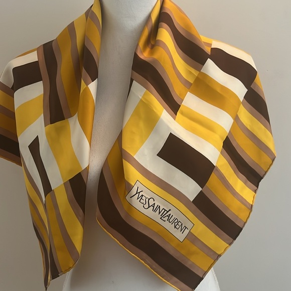 YSL Yves Saint Laurent Yellow Striped Scarf 30”x30” - Picture 5 of 11